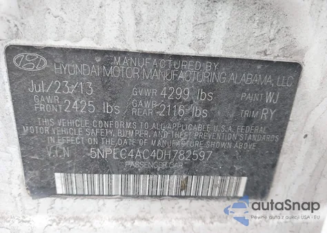 2013 Hyundai Sonata Se z USA, uszkodzony, nr VIN 5NPEC4AC4DH782597